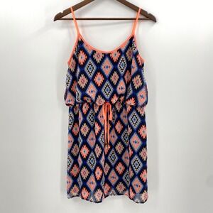 Aztec Geometric Mini Dress Womens Large Coral Blue Tribal Boho Festival Western